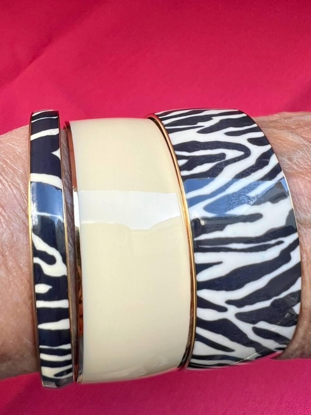 Vintage Y2K J. Crew Zebra Pattern and Cream Gold Trim Bangle Bracelets set of 3